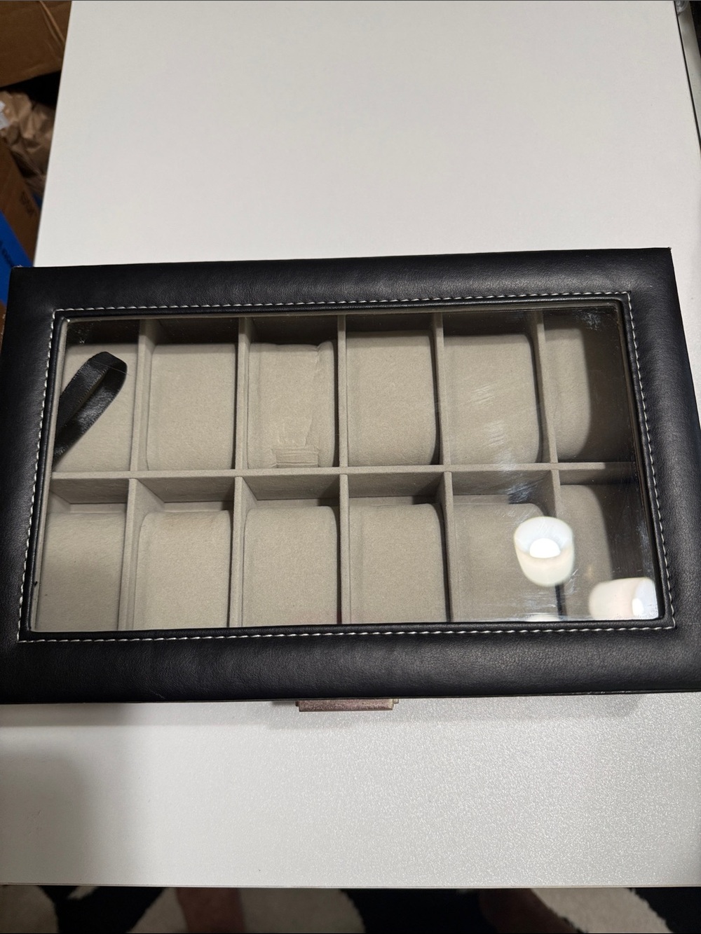 Leather look Watch Storage Box with Glass Lid - Black and Cream